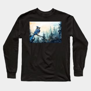 Misty boreal watercolor blue jay Long Sleeve T-Shirt